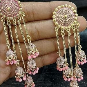 Gold and Pink Dangle Jhumka Earrings - Women Jewelry